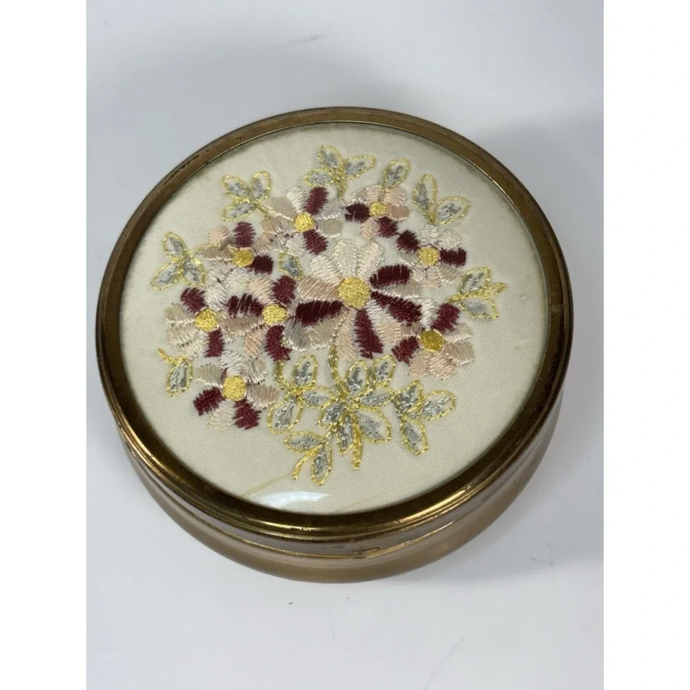 Vtg Floral Embroidered Gold trinket Box Petit Point Cottagecore Coquette